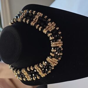 Vintage Black Glass Bead And Gold Rhinestone Choker Necklace